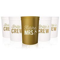 Bachelorette Stadium Cups Plastic Bride and Bridesmaid Decoration Party Favors - Set of 12 Bride's Crew Print White
