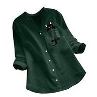 Meikosks Women's Cat Printed Tunic Cotton Linen Blouses Long Sleeve Pullover Button Down Tops Shirt Green