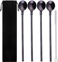 Reusable 10 Inch Stainless Steel Spoon Straws - WEEGCN 4-Pack Drinking Straws Mixing Spoon for cold cereal, Ice Cream, Milkshakes, Smoothies with Cleaning Brushes & Storage Pouch,Black