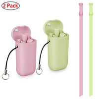 Collapsible Reusable Straws Drinking Silicone Foldable Straw with Case 2 Pack Pink Green