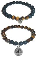 Hidden Hollow Beads Charm Tigers Eye and Black Lava Natural Stone Women's Yoga Beaded Stretch Bracelet Set. Comes in A Gift Box! (Tree of Life)