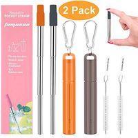 2 Pack Reusable Portable Metal Straws, Fomuson Telescopic Foldable Stainless-Steel Drinking Straw with Case and Cleaning Brush Carabiner for Coffee Juice Smoothie Milkshake BPA Free (Orange, Grey)