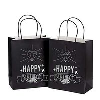 WRAPAHOLIC Medium Size Gift Bags - Silver Foil"Happy Birtday" Balck Paper Bags with Handles for Birthday, Baby Shower, Party Favors - 12 Pack - 8" x 4" x 10"