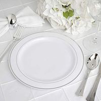 Efavormart 50 Pcs - White with Silver 9" Round Disposable Plastic Plate for Wedding Party Banquet - Tres Chic Collection