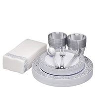 Fete Silver Disposable Dinnerware – Lace Silver rim 25 Guest, 175 Pack Of Heavy-Duty Plastic – 25 Dinner Plates 10.25”, 25 Dessert Plates 7.5”, 25 Cups, 25 Napkins, 25 Forks, 25 Spoons, 25 Knives,