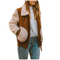 HNTDG Winter Womens Warm Faux Fur Splice Coat Zipper Faux Leather Pocket Jacket Parka Outerwear Brown