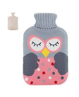 Large 2 Liter Classic Rubber Hot Water Bottle with Gray Soft Knit Cover Pink Owl