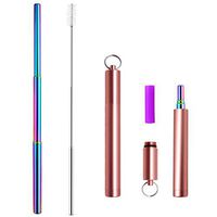 Metal Straws Rainbow With Case Keychain Silicone Tips Reusable Collapsible Telescopic Straw Adjustable Stainless Steel Portable Foldable Drinking Straws for Yeti Tumblers Cleaning Brush Rose Gold