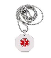 BAIYI Medical Alert ID Necklace Stainless Steel Dog Tag Pendant Silver Chain 24 in for Men Women Free Engraving