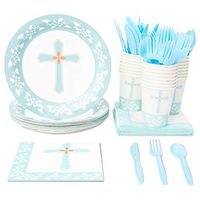 Disposable Dinnerware Set - Serves 24 - Religious Party Supplies for Baptism, Church Events, Includes Plastic Knives, Spoons, Forks, Paper Plates, Napkins, Cups