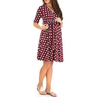 Jentouzz Women's Maternity Fashion Sexy Dot V Neck Bandage Short Sleeve Midi Dress(M,Wine Red)