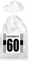 Celebrate 60th Birthday Black Striped Party Favor Bags with Ties - 12pack