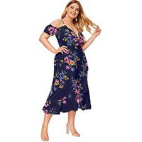 Sunhusing Women's Summer Boho Beach Style Small Floral Flower Print Cold-Shoulder Sling Short Sleeve Dress(Blue,2XL)