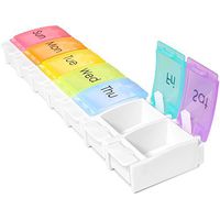 Weekly 7 Day Pill Organizer - Medication & Supplement Organizer - Large Dispenser for Medicine, Vitamins & Fish Oil - Color Coded, Printed Days, BPA Free, Convenient, Push Button