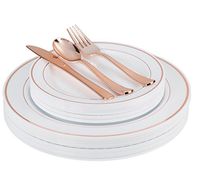 200 Piece Heavyweight Party Disposable Plastic Plates and Cutlery Set Includes 40 Dinner Plates 40 Dessert Plates and 40 Pieces of Glossy Silver Plastic Forks Knives and Spoons (Rose Gold)