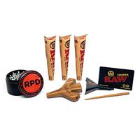 RAW Pre Rolled Cone 1 1/4 (3 Packs), Wooden Trident Cigarette Holder, Cone Loader, and Rolling Paper Depot 63mm 4 Piece Grinder - 6 Items - Bundlle
