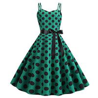 2019 Polka Dot Dress Women Sleeveless Big Swing 60s 50s Rockabilly Robe Vintage Dress Party Summer Dresses with Belt(Green, S)