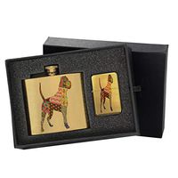American Bulldog Pattern - Gold Lighter and Pocket Hip Liquor Flask Survival Camping Gift Box Set