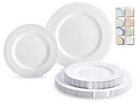 " OCCASIONS" 50 Plates Pack (25 Guests)-Extra Heavyweight Vintage Wedding Disposable/Reusable Plastic Plates -25x11'' Dinner + 25x8.25'' Salad/Dessert (Chateau Collection White)