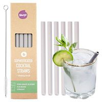 Slurp Straw 6 Pack & Cleaning Brush, 5.25 inch Short Reusable Silicone Drinking Straws for Cocktails, Coffee, Small Glasses and Cups - Food Grade Silicone - Silver