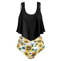 Women Two Piece Swimsuit High Waist Swimwear Ruffled Top with Sunflower Swim Bottom （Black,L）