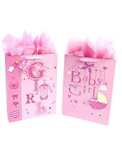 16.5" Extra Large Baby Shower Gift Bags (Glitter Pop-up Design Picture) with Tissue Papers/Handles and Tags for Baby Girl 2-Pack (Pink)