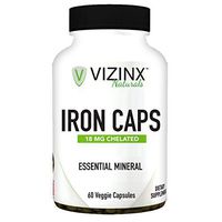 VIZINX IRON CAPS 18 mg 60 Veggie Caps- Choice form of organic chelated iron (Ferrous Fumarate) tends to cause fewer symptoms of intestinal upset and is considered to be a non constipating form of iron