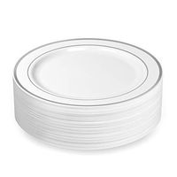 50 Plastic Disposable Dinner Plates | 10.25 inches White with Silver Rim Real China Look | Ideal for Weddings, Parties, Catering | Heavy Duty & Non Toxic (50-Pack) by BloominGoods