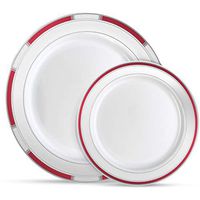 Laura Stein Designer Dinnerware Set | 32 Disposable Plastic Party Plates | Plates with Burgandy Rim & Silver Accents | Includes 16 x 10.75" Dinner Plates + 16 x 7.5” Salad Plates | Venetian