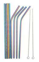 Wooer Set of 8 Stainless Steel Metal Straws Ultra Long Reusable Straws For Coffee Tumblers Cold Beverage (4 Straight| 4 Bend| 2 Brushes) (Rainbow, 10.5inch)