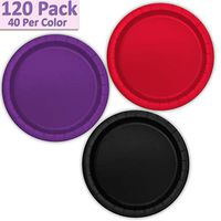 120 Paper Dessert Plates (7") - Red, Deep Purple, Black - 40 Per Color, 3 Colors - Great Assortment for Birthday Parties, Weddings, Holidays, Baby Shower, Celebrations, and more