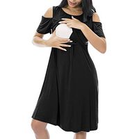 Jeash Women Pregnant Maternity Nursing Breastfeeding Straples Solid Short Sleeve Off Shoulder Dress (Black, XL)