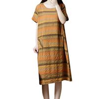 Vintage Summer Casual Cute Women Striped Short Sleeve Mid-Calf Loose Hem Dress Orange