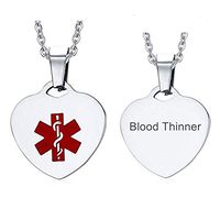 kinrika Blood Thinner Medical Alert ID Dog Tags Heart Pendant Necklace for Women with 19" and 24" F Ree Chain