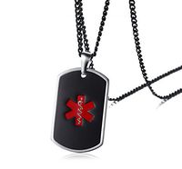 PJ Jewelry Personalized Medical Alert ID Custom Engraving Dog tag Pendant Necklace for Men,Free 24" Chain
