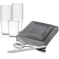 Kaya Collection - Standard Square Disposable Plastic Dinnerware Party Package - Includes Dinner Plates, Salad/Dessert Plates, Cutlery, Tumblers (120 Person Package, Silver)