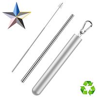 Telescopic Reusable Straws, Portable Stainless Steel Metal Drinking Straw Collapsible Reusable Straw with Case, Cleaning Brush and Keychain, BPA Free FDA Approved, Sliver