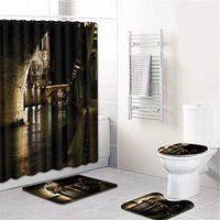 Naiflowers 4 Piece Bath Shower Curtain Sets, Bathroom Shower Curtain & Toilet Mat & Lid Cover & Non Slip Rugs Notre Dame de Paris Printing, Washable Bath Curtain Carpet for Tub Living Room (C)