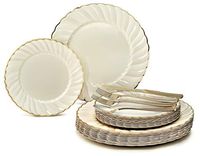 " OCCASIONS" 150pcs set (25 Guests)-Vintage Wedding Party Disposable Dinnerware Set Plastic Plates & Silverware w/double fork -10.25'', 7.5'' (Blossom Ivory & Gold Rim)