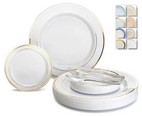 " OCCASIONS" 600 Pcs Set & 120 Guest Wedding Disposable Plastic Plate & Silverware Combo Set (White & Gold Rim plates, Silver Silverware)
