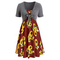 Woman Summer Casual Floral Print Tops Dresses 2Pcs Strap Mid Dresses Bow Bandage Skirts Suites Retro Beach Sundresses (Red, XX-Large)
