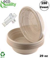 150 Count - 29oz Round Disposable Bowls with Lids and Cutlery - Natural Sugarcane Bagasse Bamboo Fibers Sturdy Compostable Eco Friendly Environmental Paper Plastic Bowl Alternative - Fork,Spoon,Knife