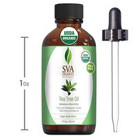 SVA Organics Tea Tree Essential Oil Organic Certified 30 ml (1 fl. oz.) with Dropper 100% Pure, Natural and Premium Therapeutic Grade For Clear & Even Skin Tone, Soft Hair, Aromatherapy and Diffuser