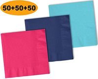 150 Beverage Napkins, Electric Pink, Navy blue, Island Blue - 50 Each Color. 2 Ply Paper Cocktail Napkins. 5" folded, 10" unfolded.