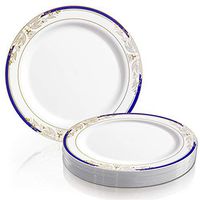 Elegant Disposable Plastic Dessert Plates 120 Pcs - 7.5" Heavy Duty Fancy White with Blue & Gold Appetizer Plates - Bulk Reusable Salad Cake Party Plates For Wedding, Easter, Birthday & All Occasions