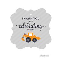 Andaz Press Birthday Fancy Frame Gift Tags, Thank You for Celebrating with Us, Construction Truck Digger Excavator, 24-Pack, for Gifts and Party Favors