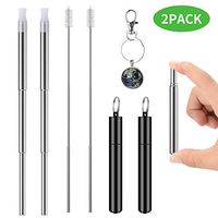2 Pack Resuable Collapsible Straws, Daletu Portable Telescopic Metal Stainless Steel Straws with Case Silicone Tips Cleaning Brush Keychain, Drinking Straws for Travel , Coffee and Smoothie