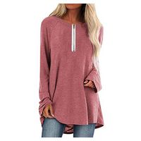 Meikosks Women's Plus Size Loose T Shirt Zipper Blouses Round Neck Long Sleeved Tops Casual Pullover Pink