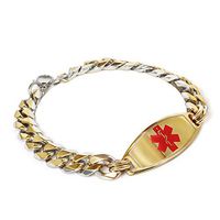 My Identity Doctor Mens Custom Engraved Medical Bracelet Gold Toned 316L Stainless Steel, 1cm - Wrist Size 9.25 Inch