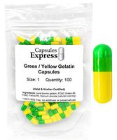 Capsules Express- Size 1 Clear Green and Yellow Empty Gelatin Capsules 100 Count - Kosher and Halal Certified - Gluten-Free Pure Bovine Gelatin Pill Capsule - DIY Powder Filling